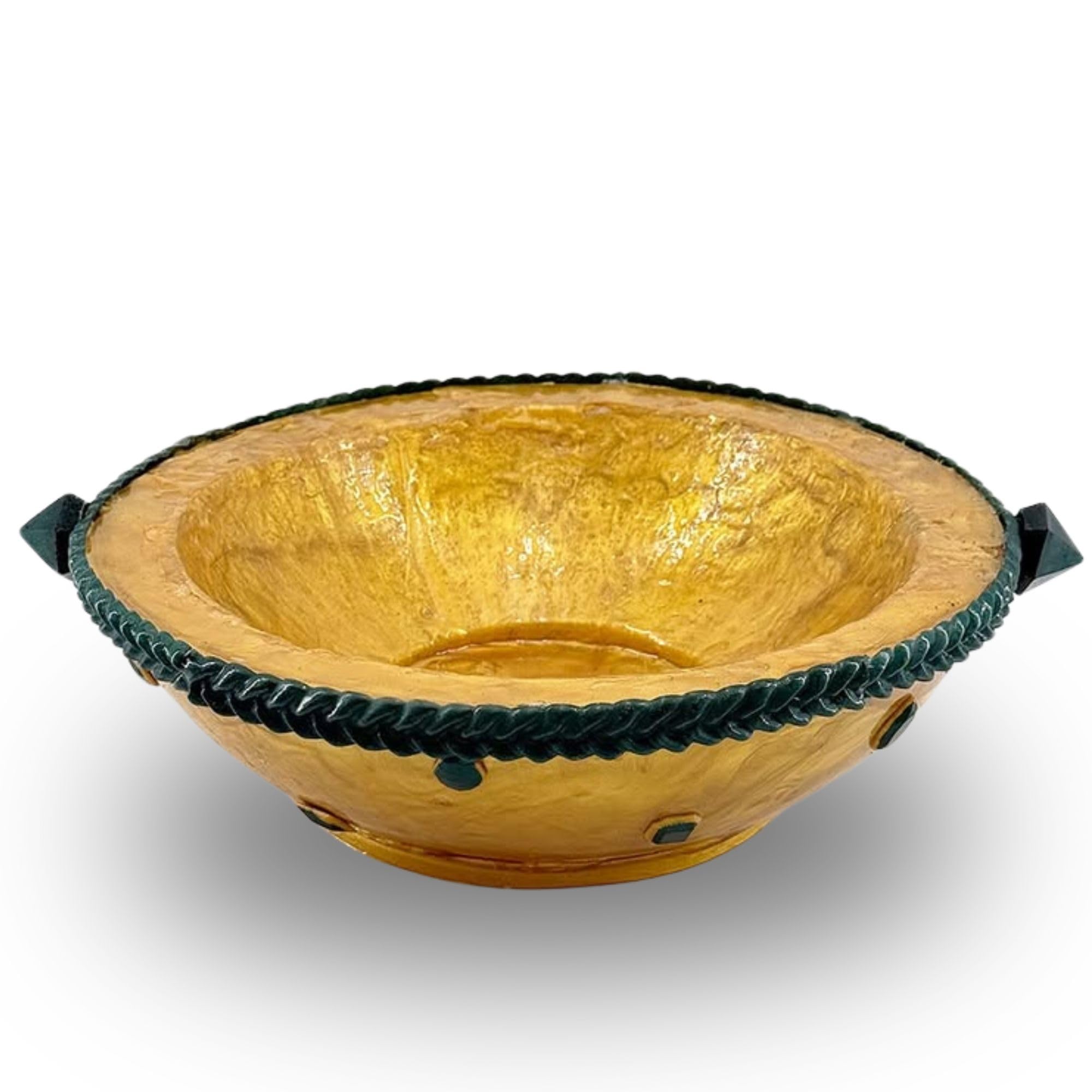 Serving Bowl with Stone Accents - Gold with Green Stone