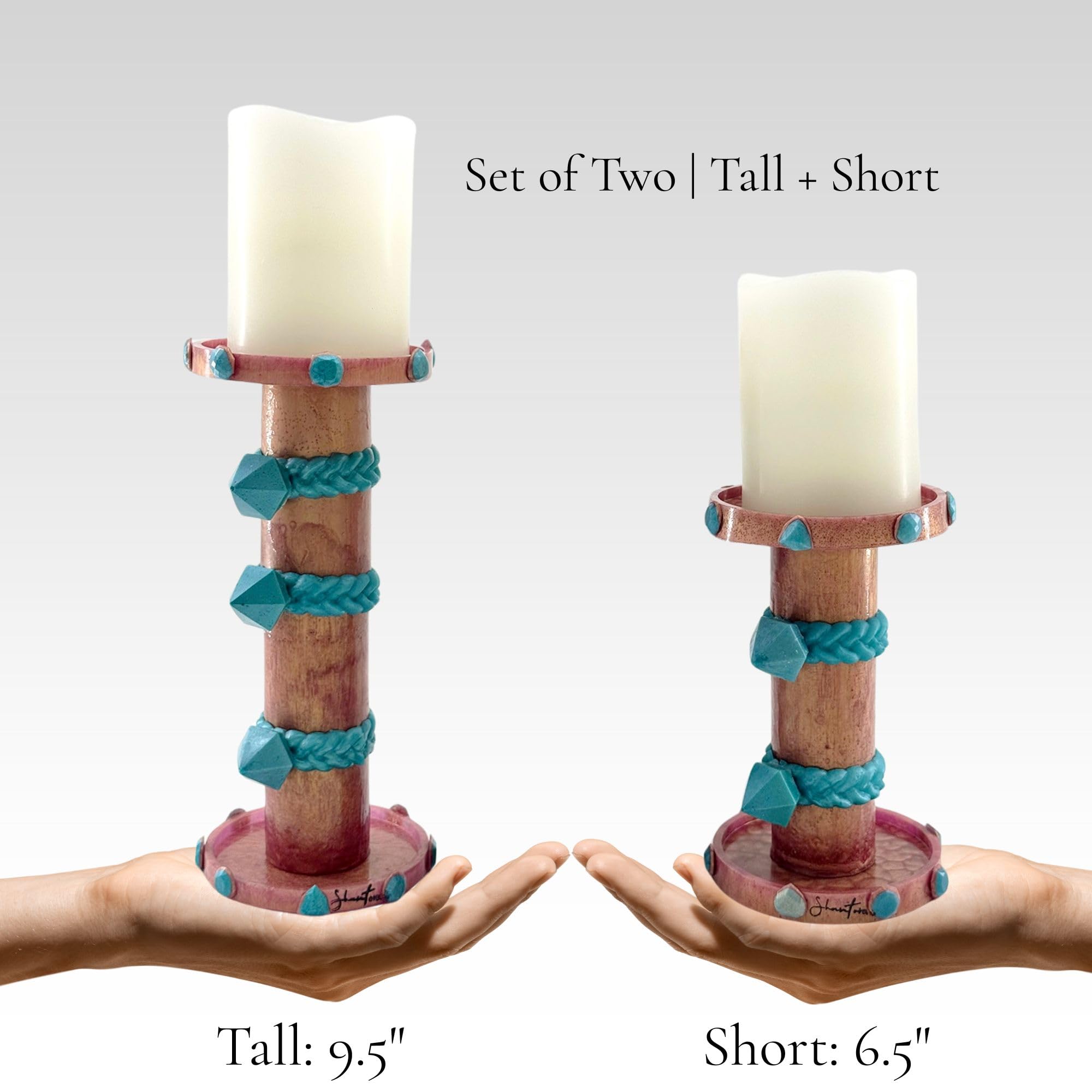 Pillar Candle Holder Set with Stone Accents - Rose Gold with Teal Stone
