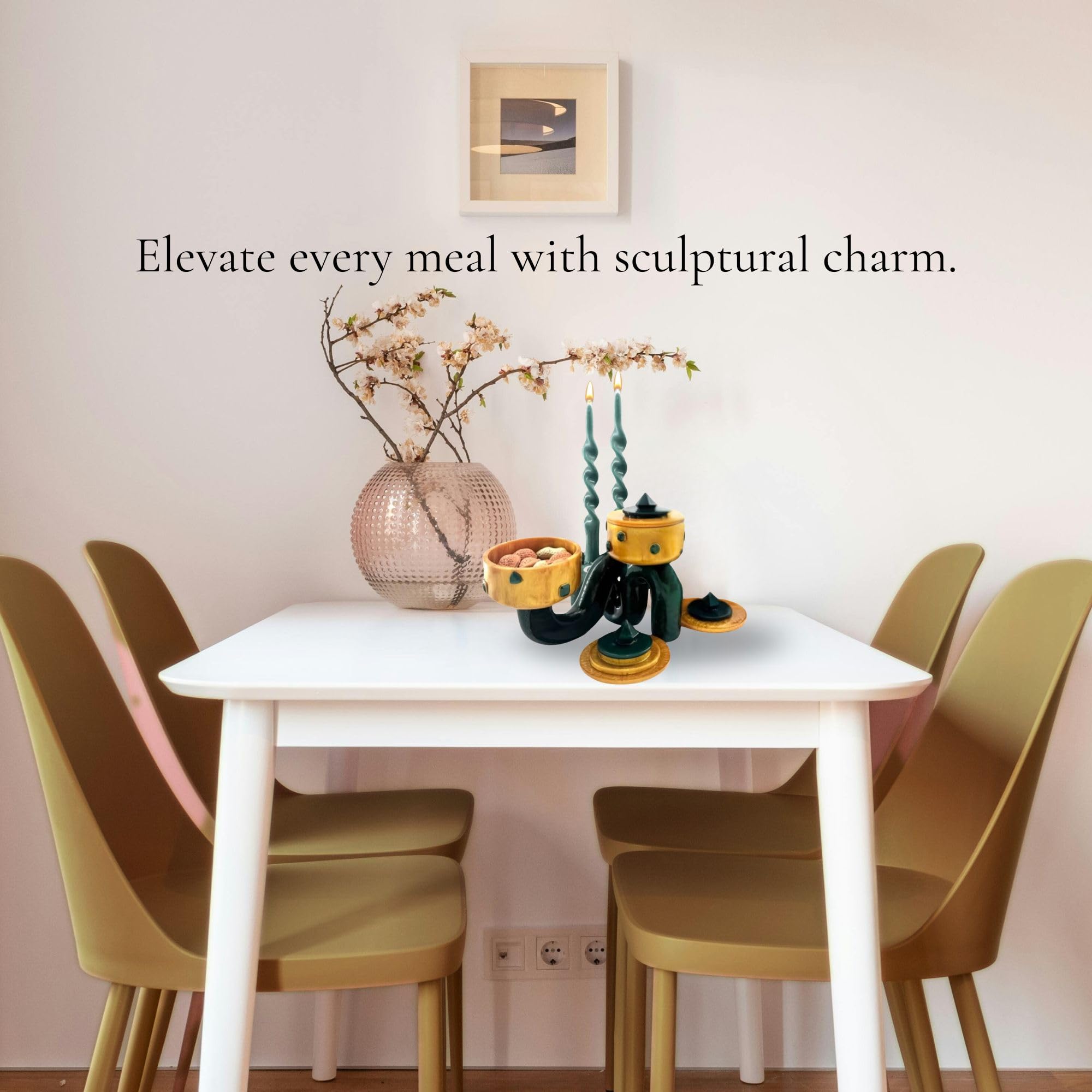 Pedestal Bowl & Candle Holder Combo with Stone Accents - Gold with Green Stone (Set of two)