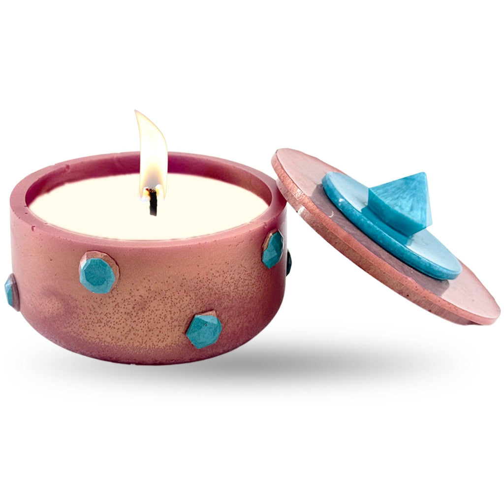 Short Lidded Candle Jar with Stone Accents - Rose Gold with Teal Stone
