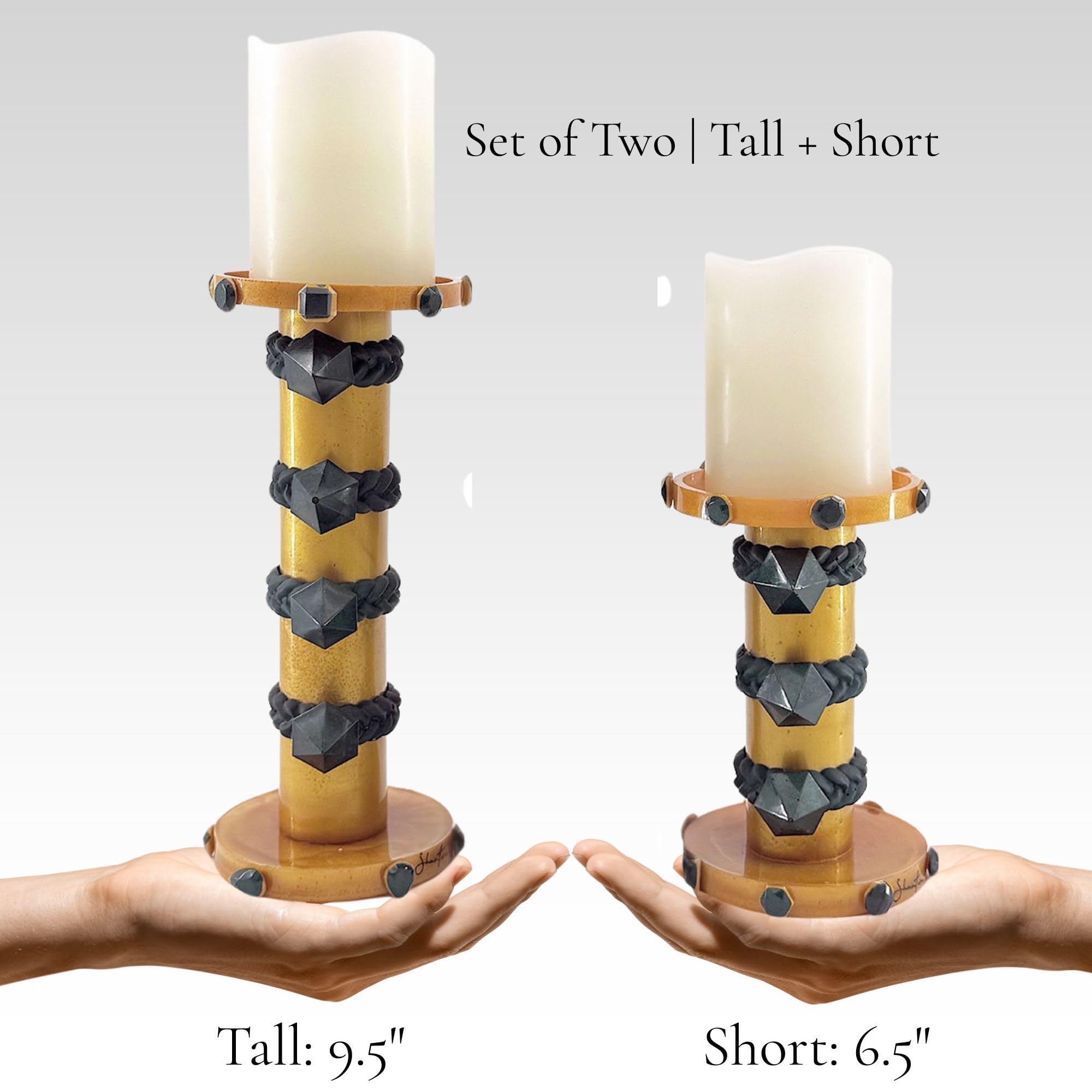 Pillar Candle Holder Set with Stone Accents - Gold with Green Stone