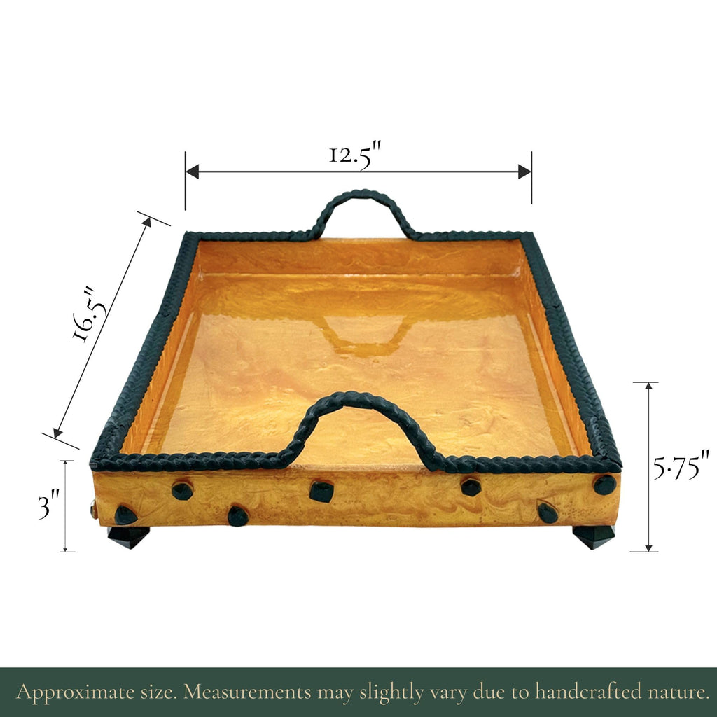 Serving Rectangular Tray with Stone Accents - Green with Gold Stone