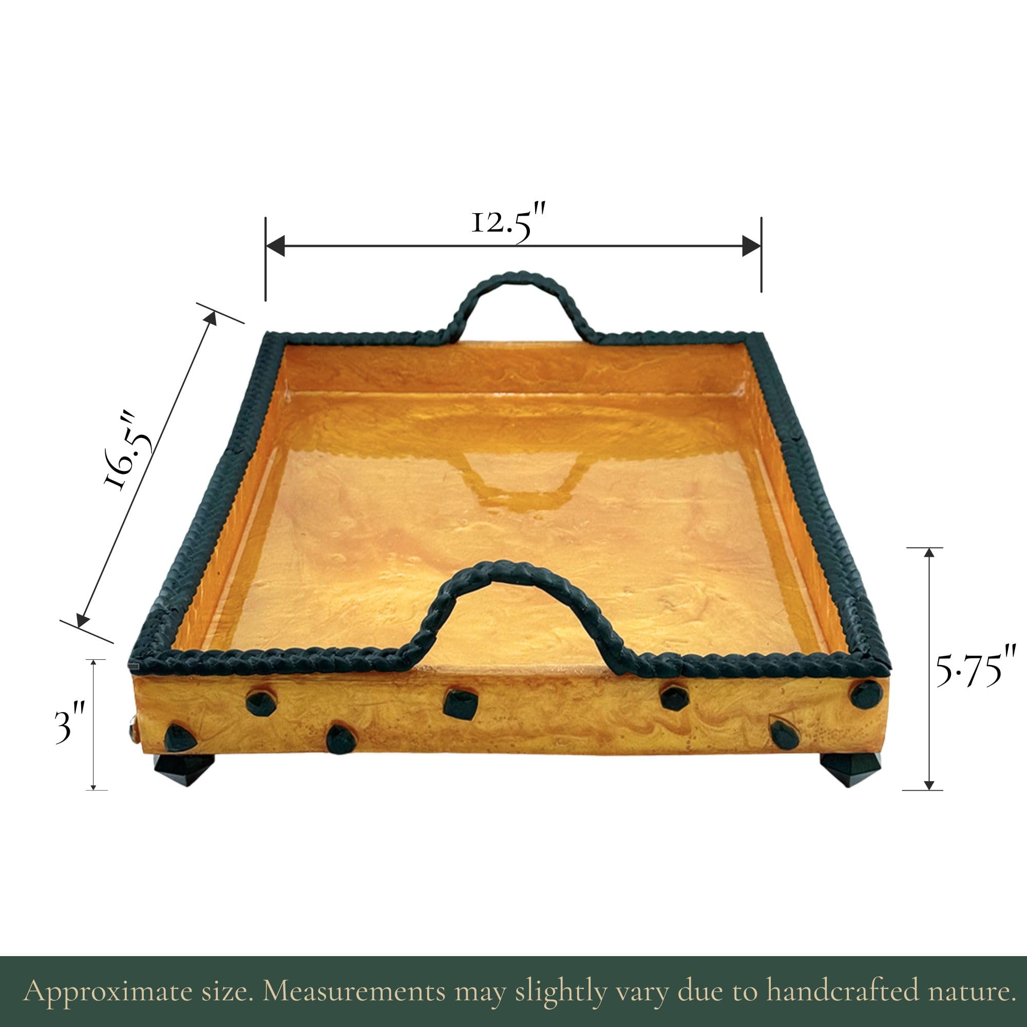 Serving Rectangular Tray with Stone Accents - Green with Gold Stone