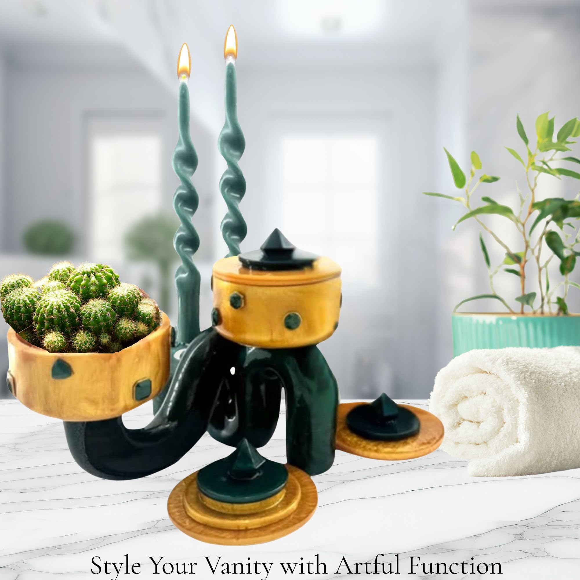 Pedestal Bowl & Candle Holder Combo with Stone Accents - Gold with Green Stone (Set of two)