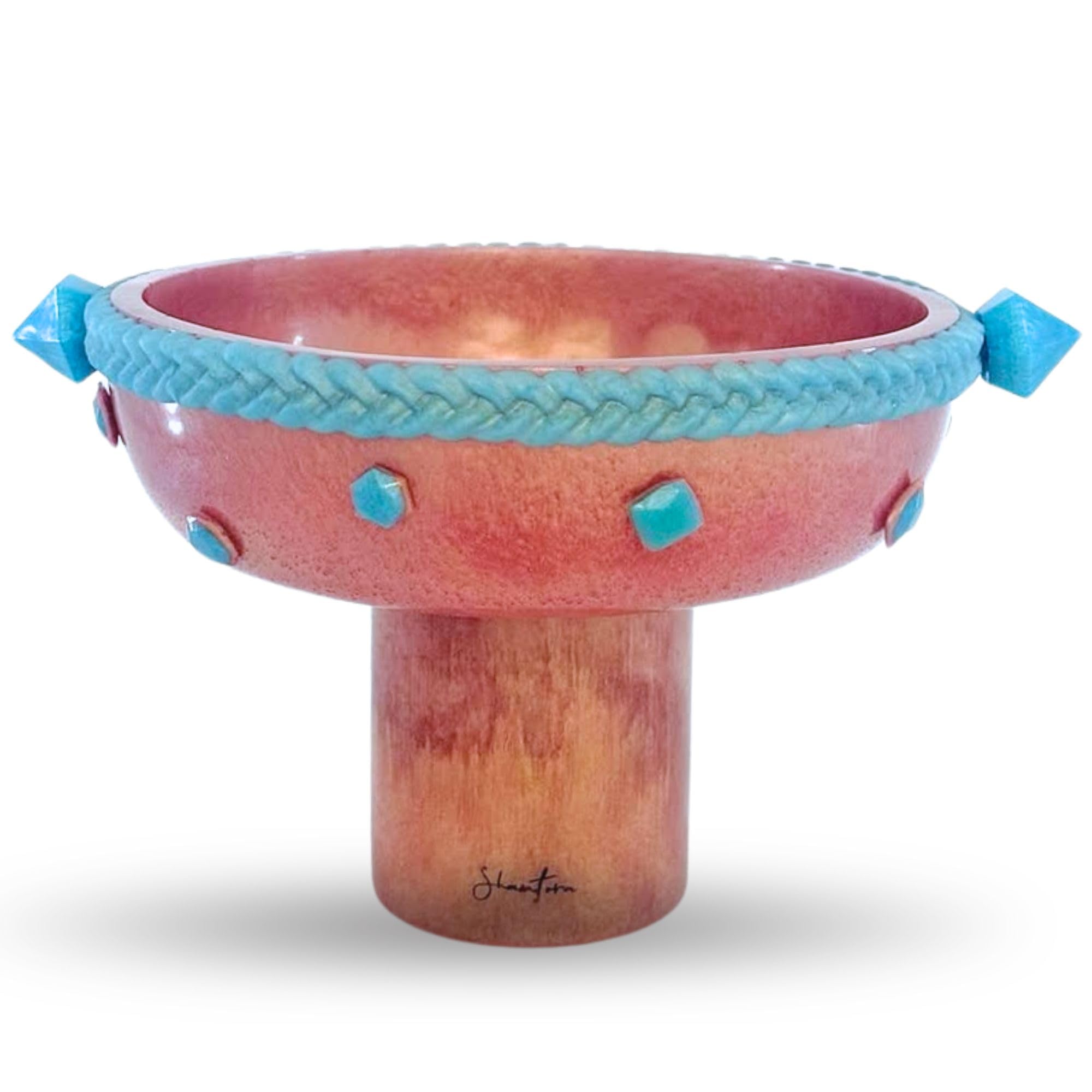 Pedestal Serving Bowl with Stone Accents - Rose Gold with Teal Stone