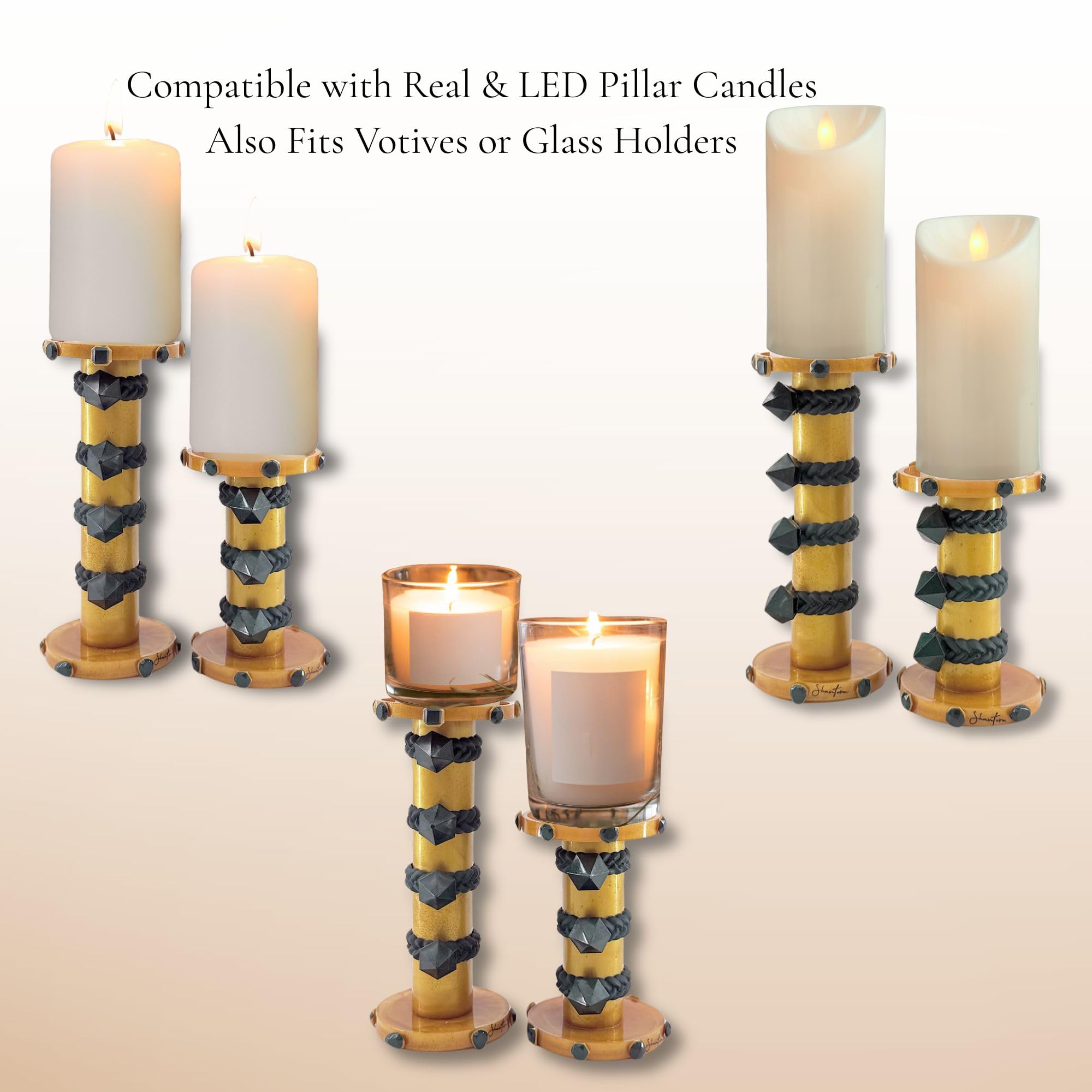 Pillar Candle Holder Set with Stone Accents - Gold with Green Stone