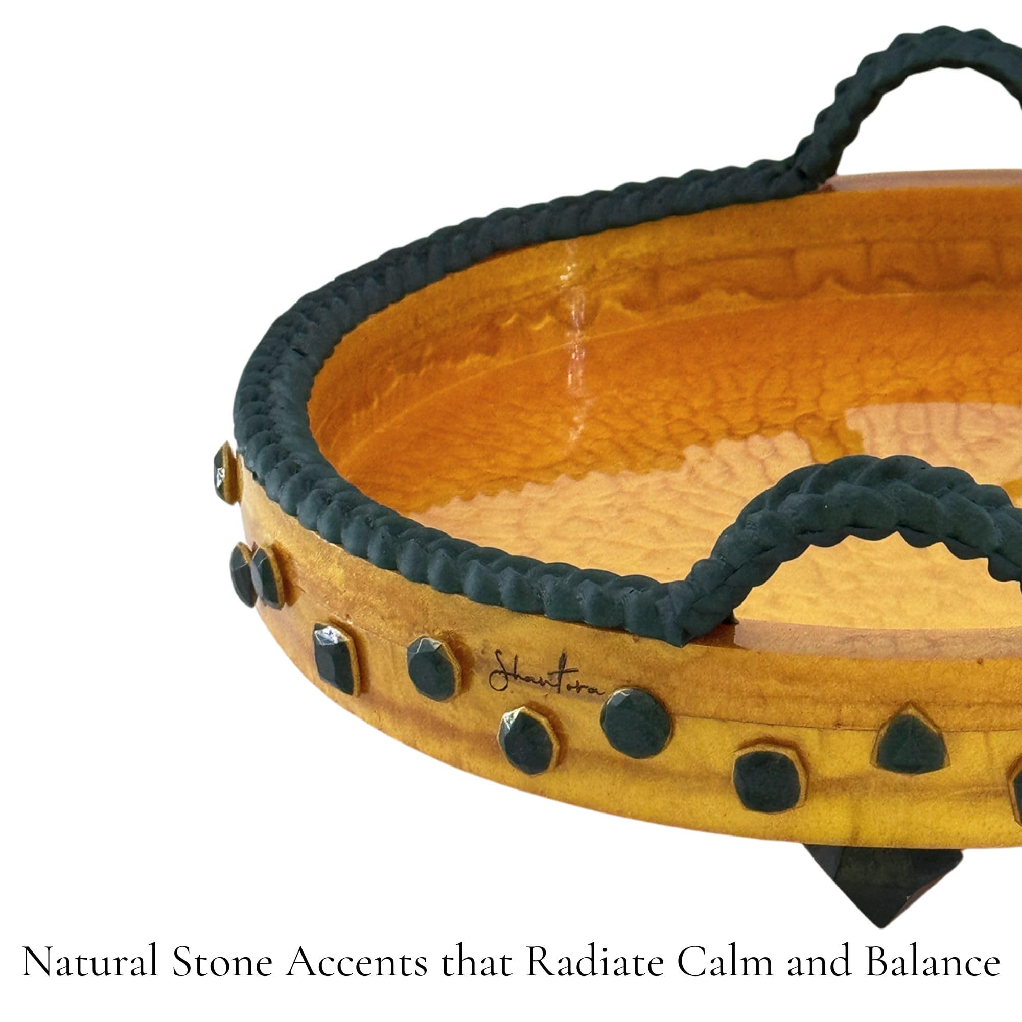 Shantora Round Serving Tray with Stone Accents - Gold with Green Stone