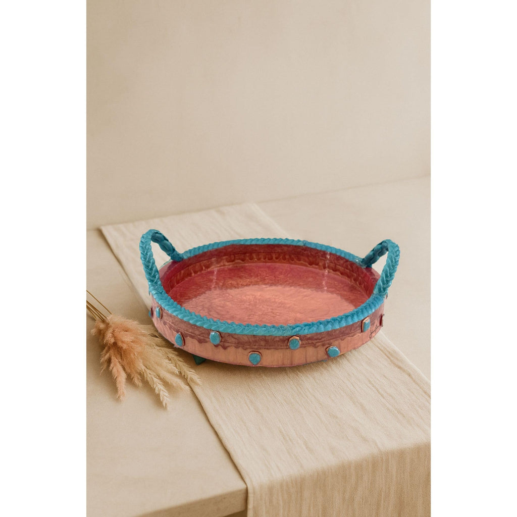 Shantora Round Serving Tray with Stone Accents - Rose Gold with Teal Stone