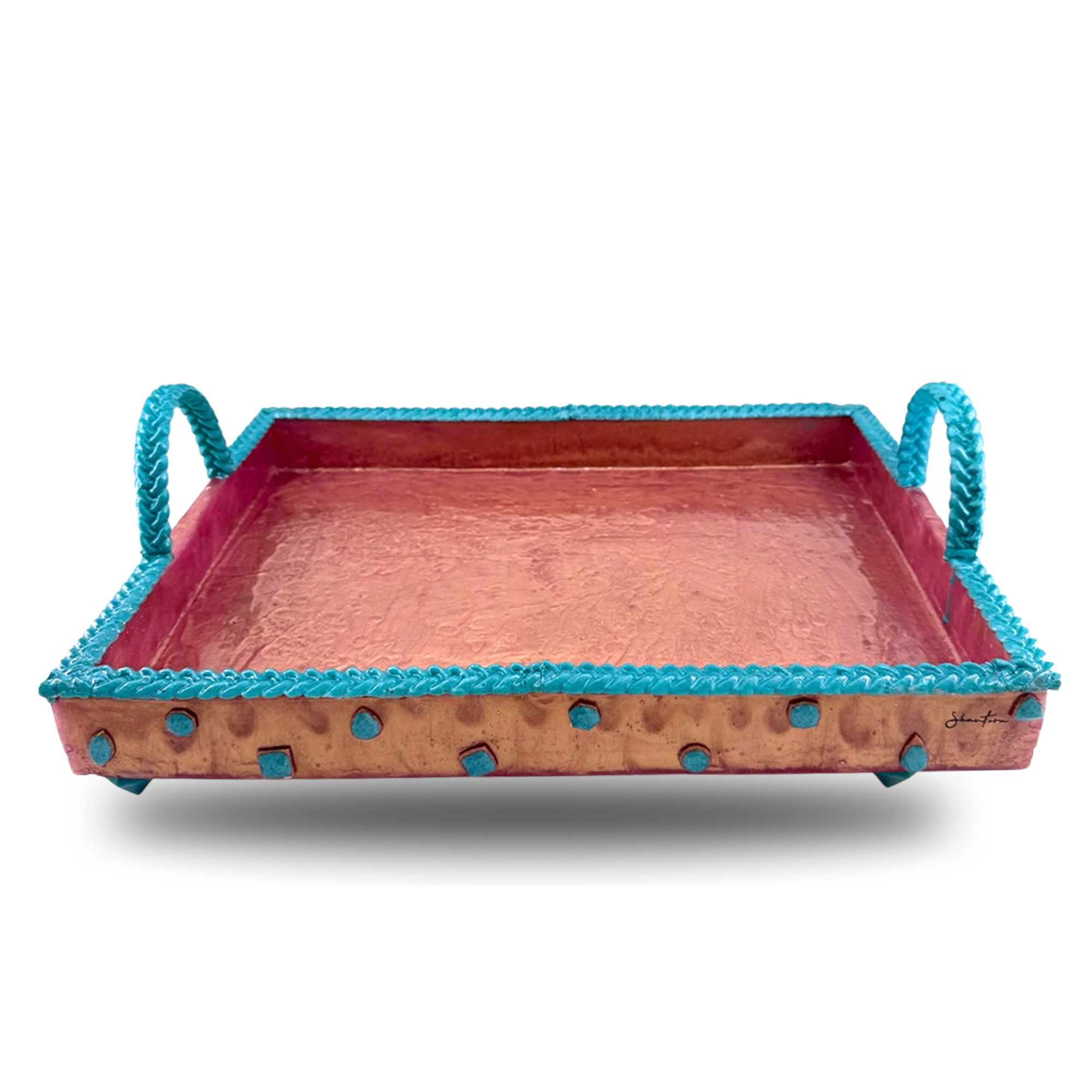 Serving Rectangular Tray with Stone Accents - Teal with Rose Gold Stone