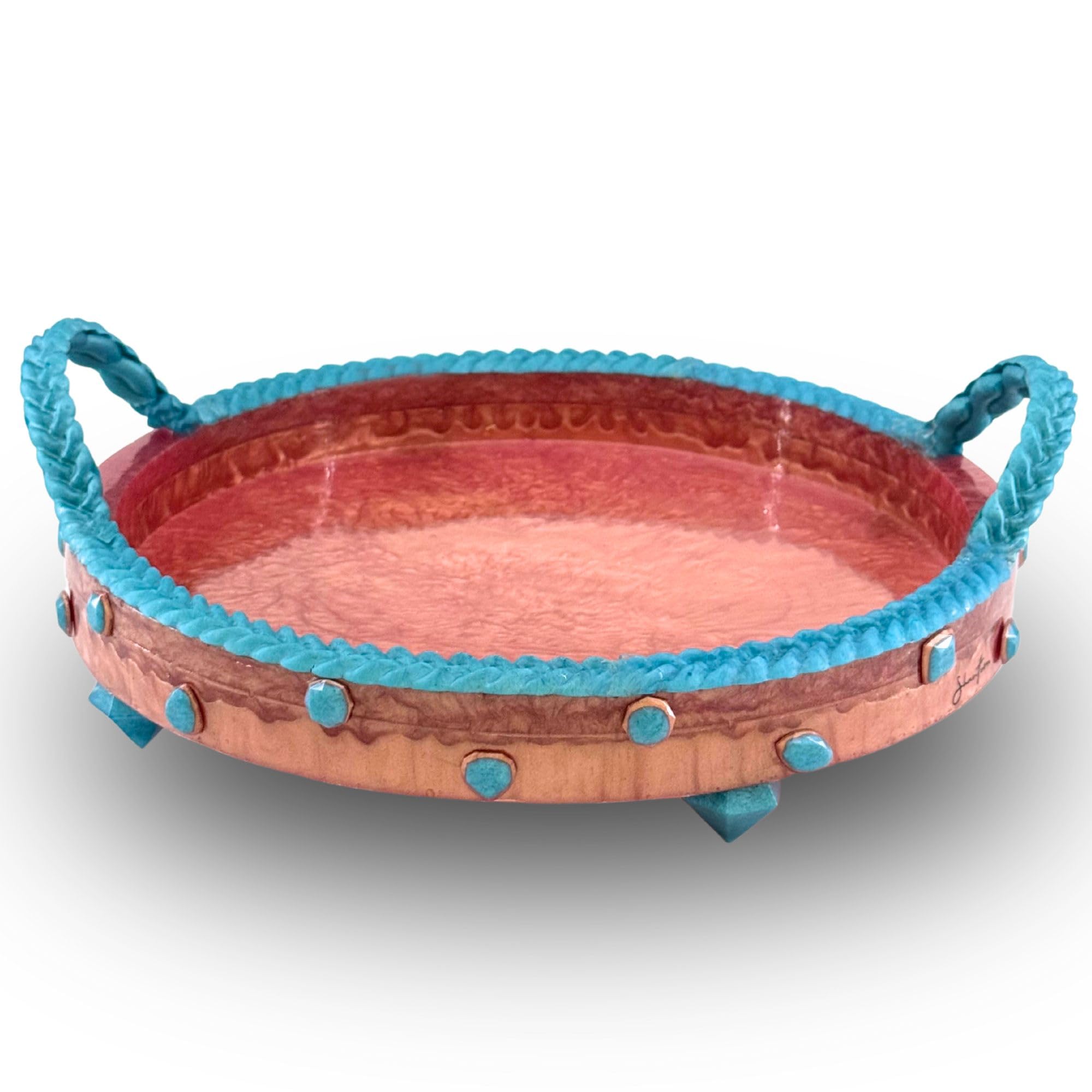 Shantora Round Serving Tray with Stone Accents - Rose Gold with Teal Stone