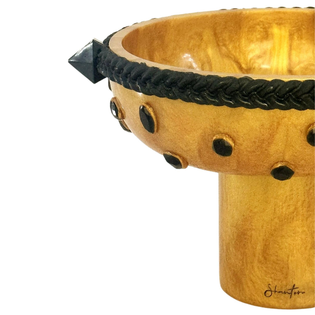 Pedestal Serving Bowl with Stone Accents - Gold with Green Stone