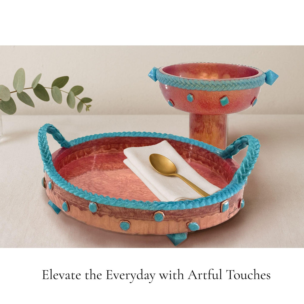 Shantora Round Serving Tray with Stone Accents - Rose Gold with Teal Stone