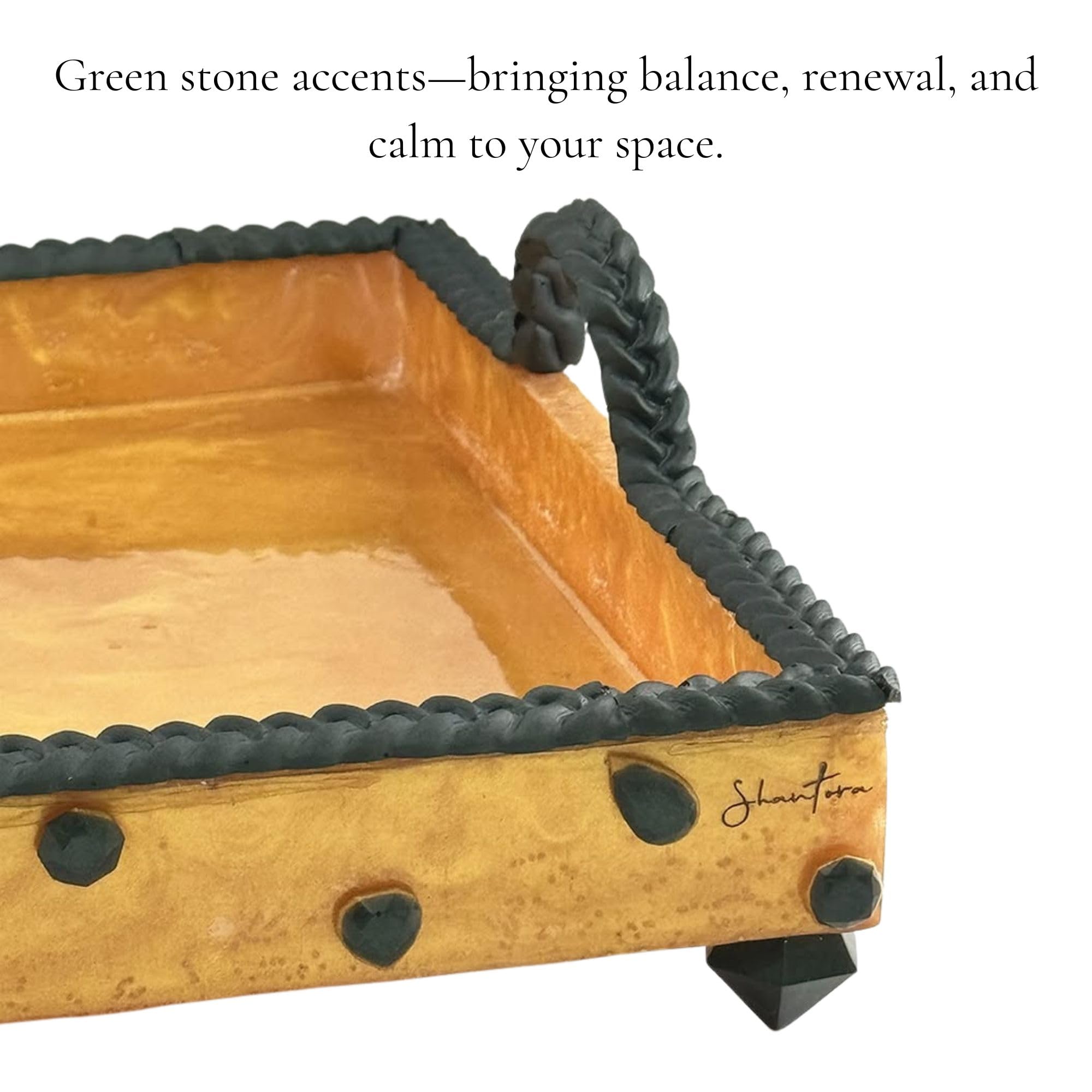 Serving Rectangular Tray with Stone Accents - Green with Gold Stone