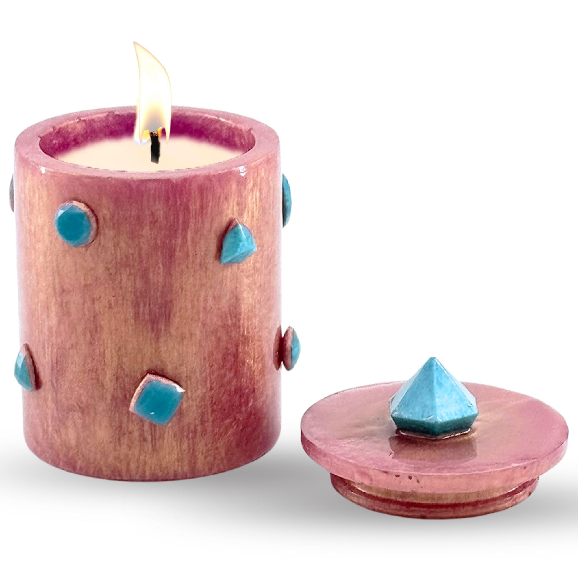 Tall Lidded Candle Jar with Stone Accents - Rose Gold with Teal Stone