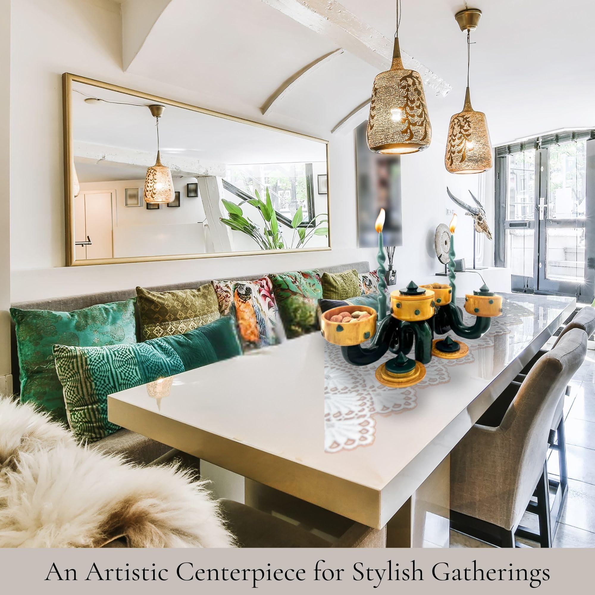 Pedestal Bowl & Candle Holder Combo with Stone Accents - Gold with Green Stone (Set of two)