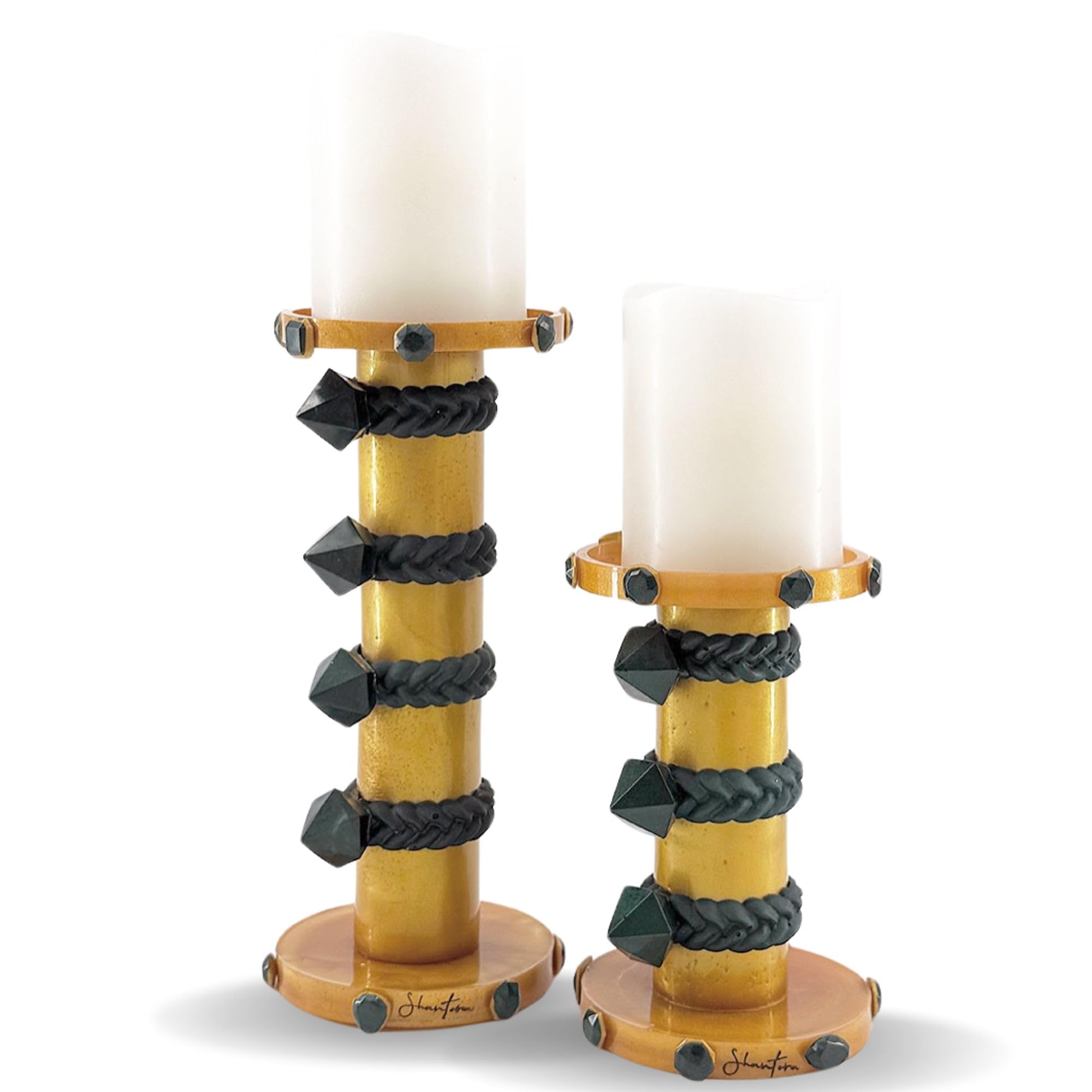 Pillar Candle Holder Set with Stone Accents - Gold with Green Stone