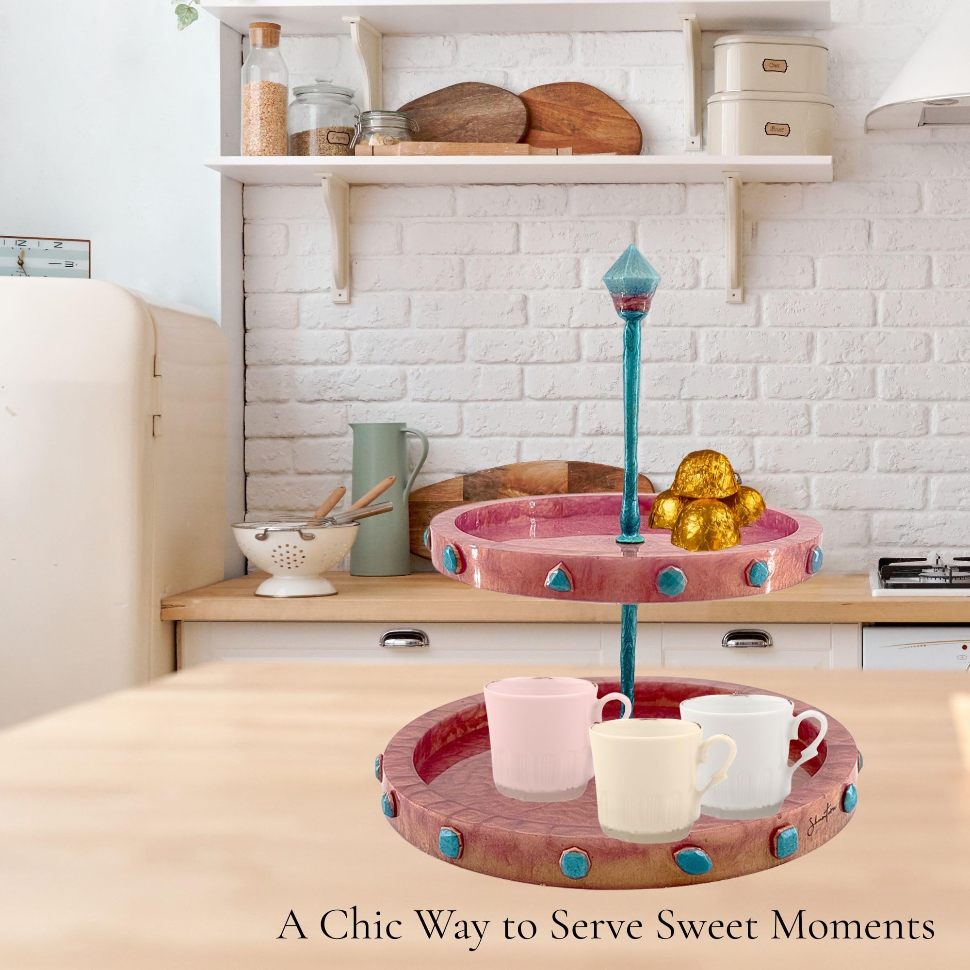 Two-Tiered Stand with Stone Accents - Rose Gold with Teal Stone
