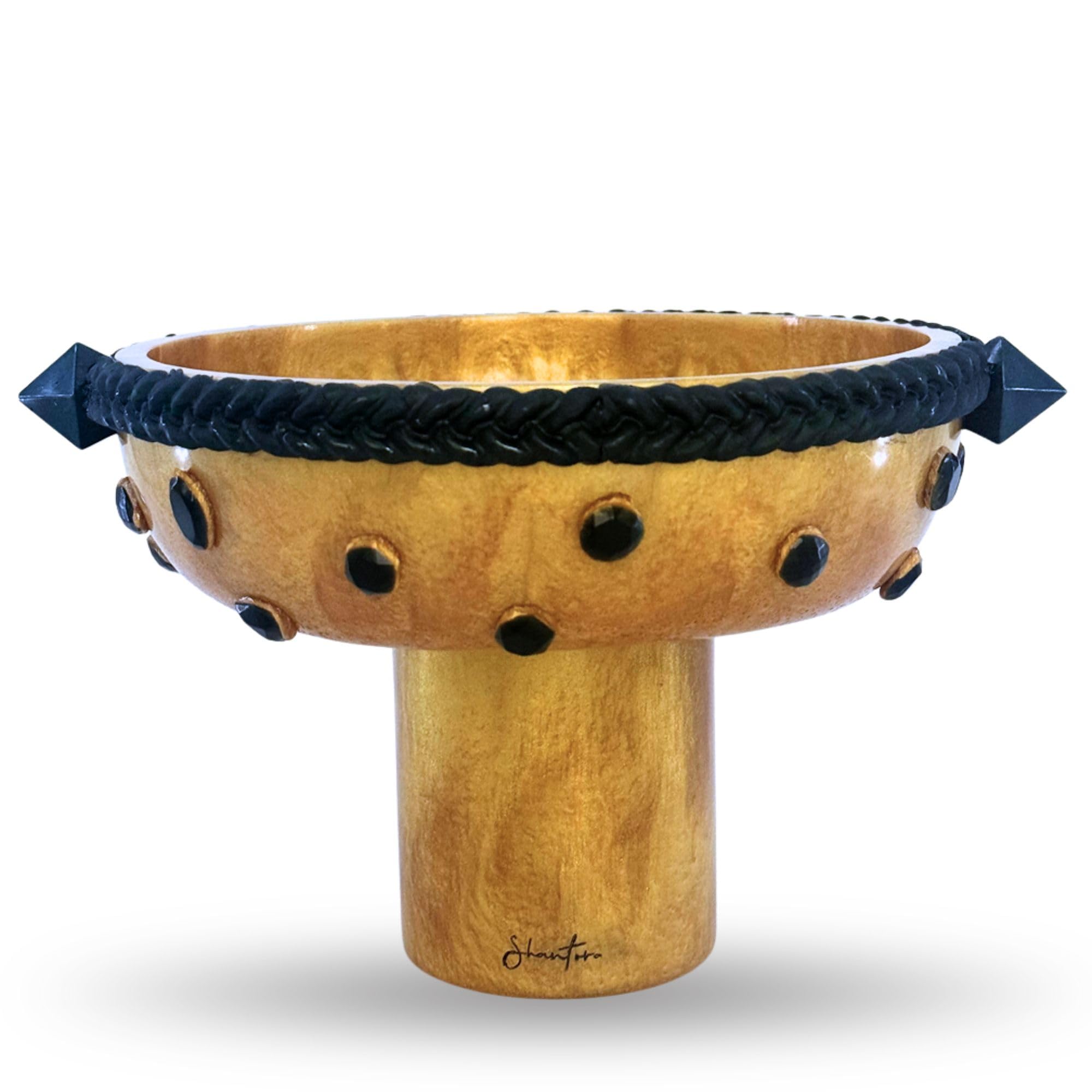 Pedestal Serving Bowl with Stone Accents - Gold with Green Stone