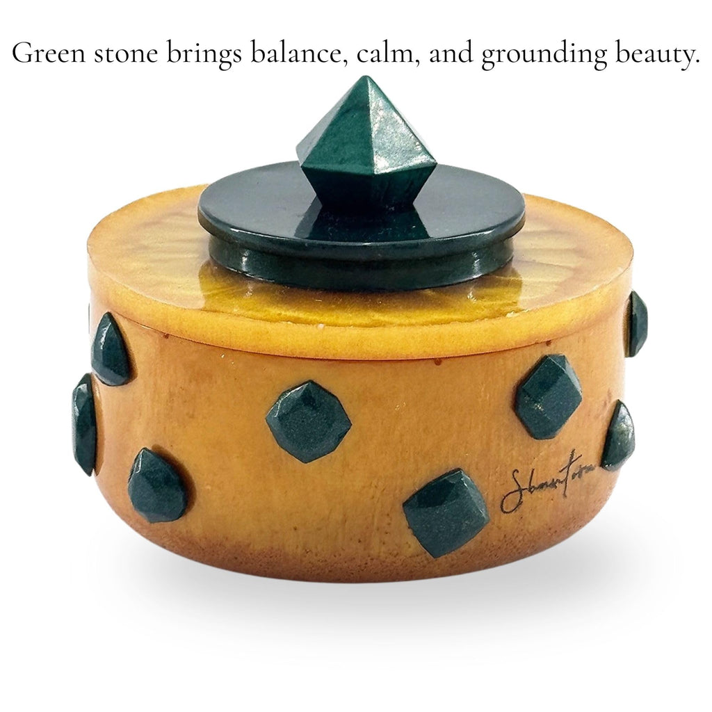Short Lidded Candle Jar with Stone Accents - Gold with Green Stone