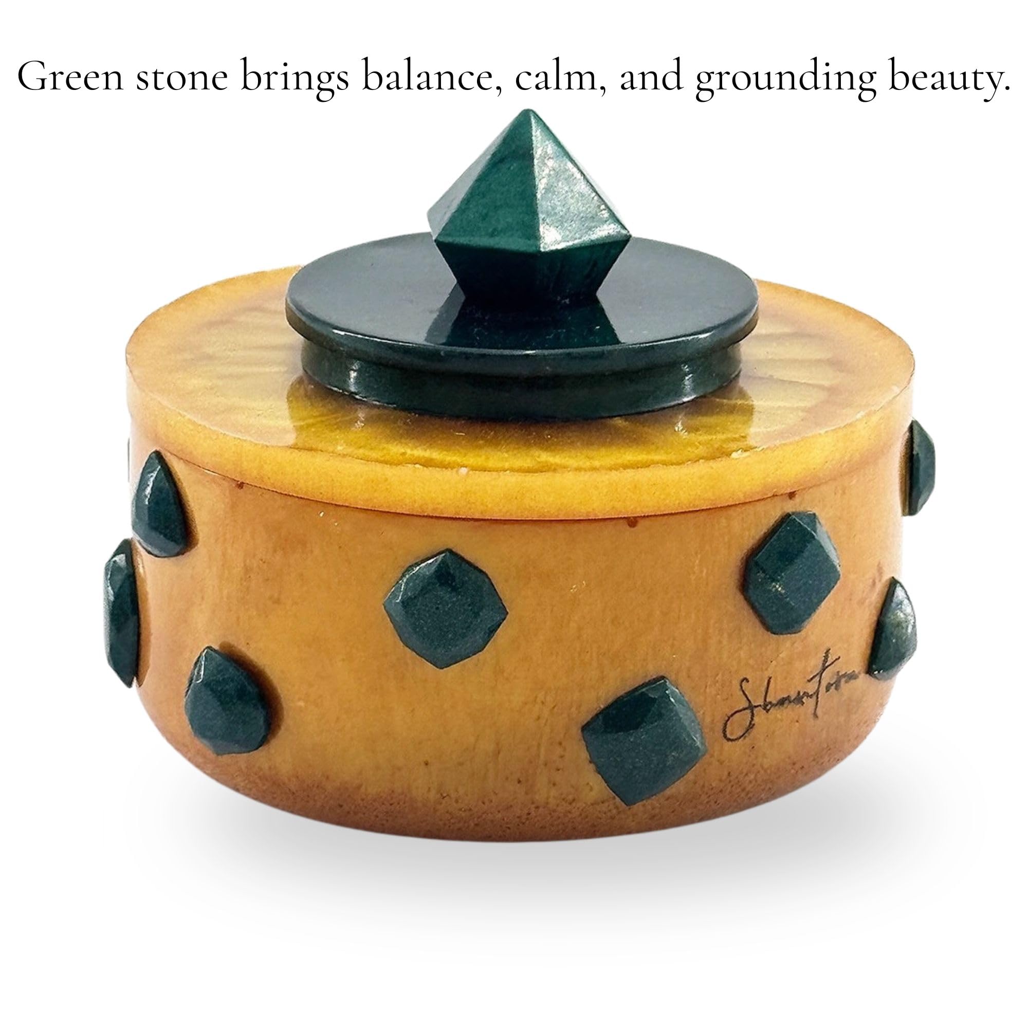 Short Lidded Candle Jar with Stone Accents - Gold with Green Stone