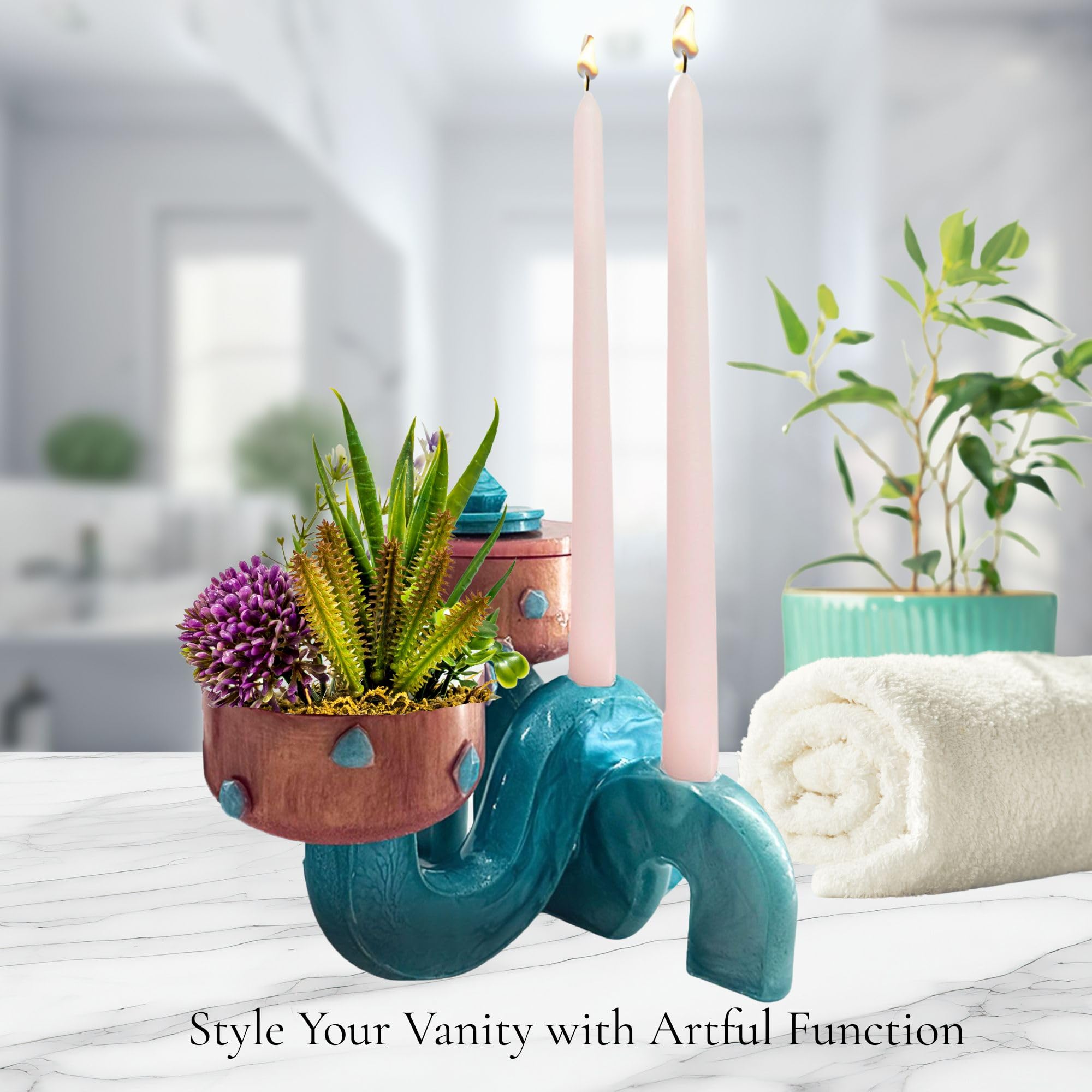 Pedestal Bowl & Candle Holder Combo with Stone Accents - Rose Gold with Teal Stone (Set of two)