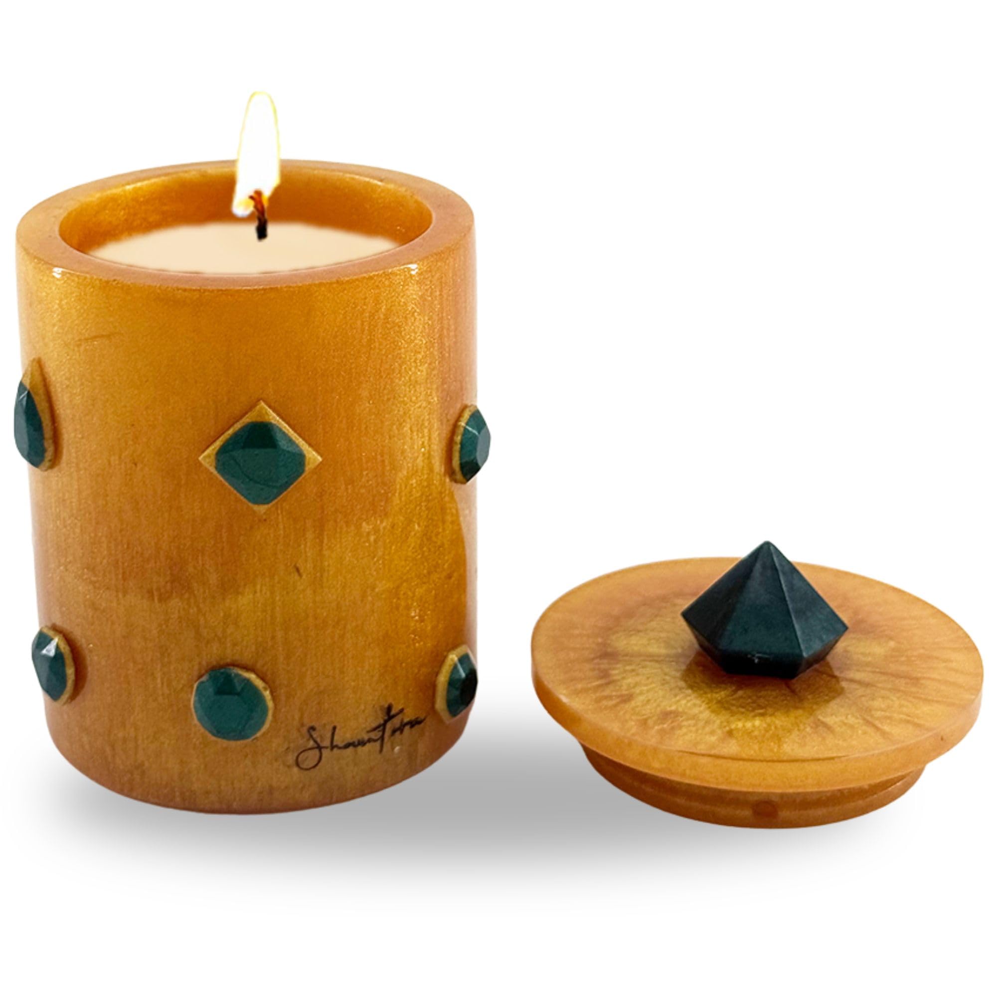 Tall Lidded Candle Jar with Stone Accents - Gold with Green Stone