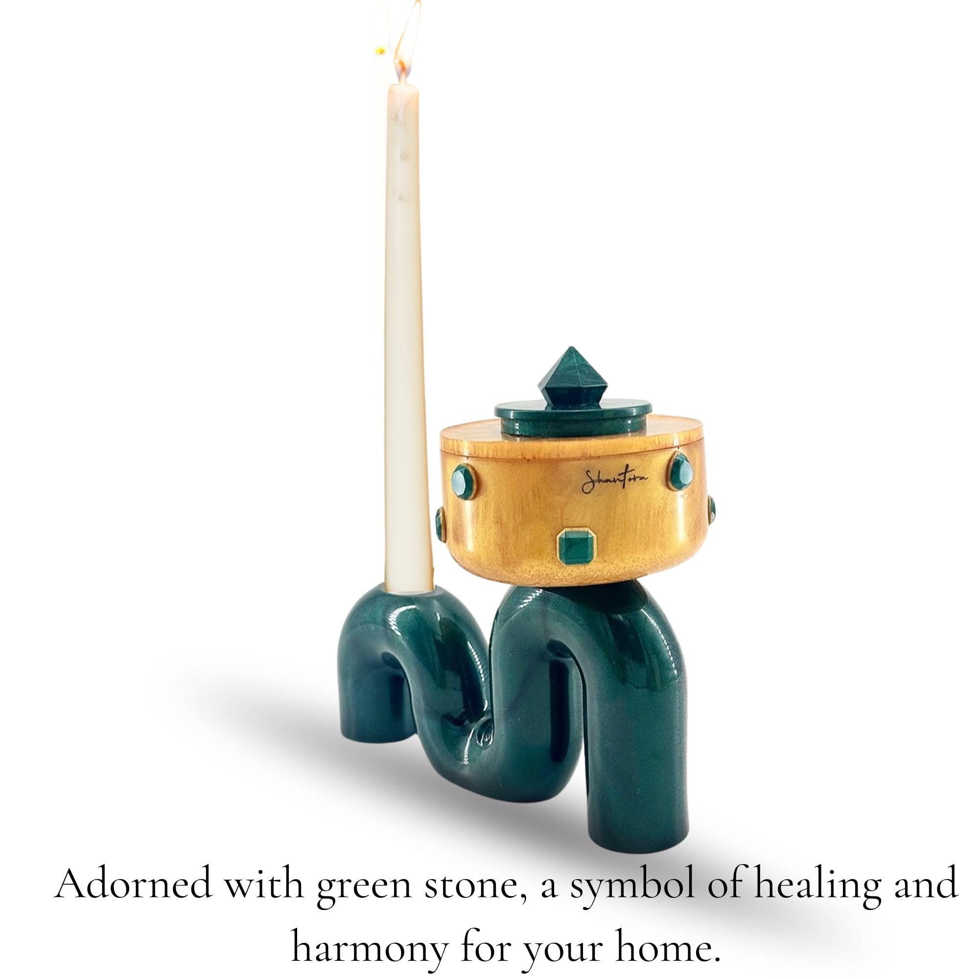 Pedestal Bowl & Candle Holder Combo with Stone Accents - Gold with Green Stone