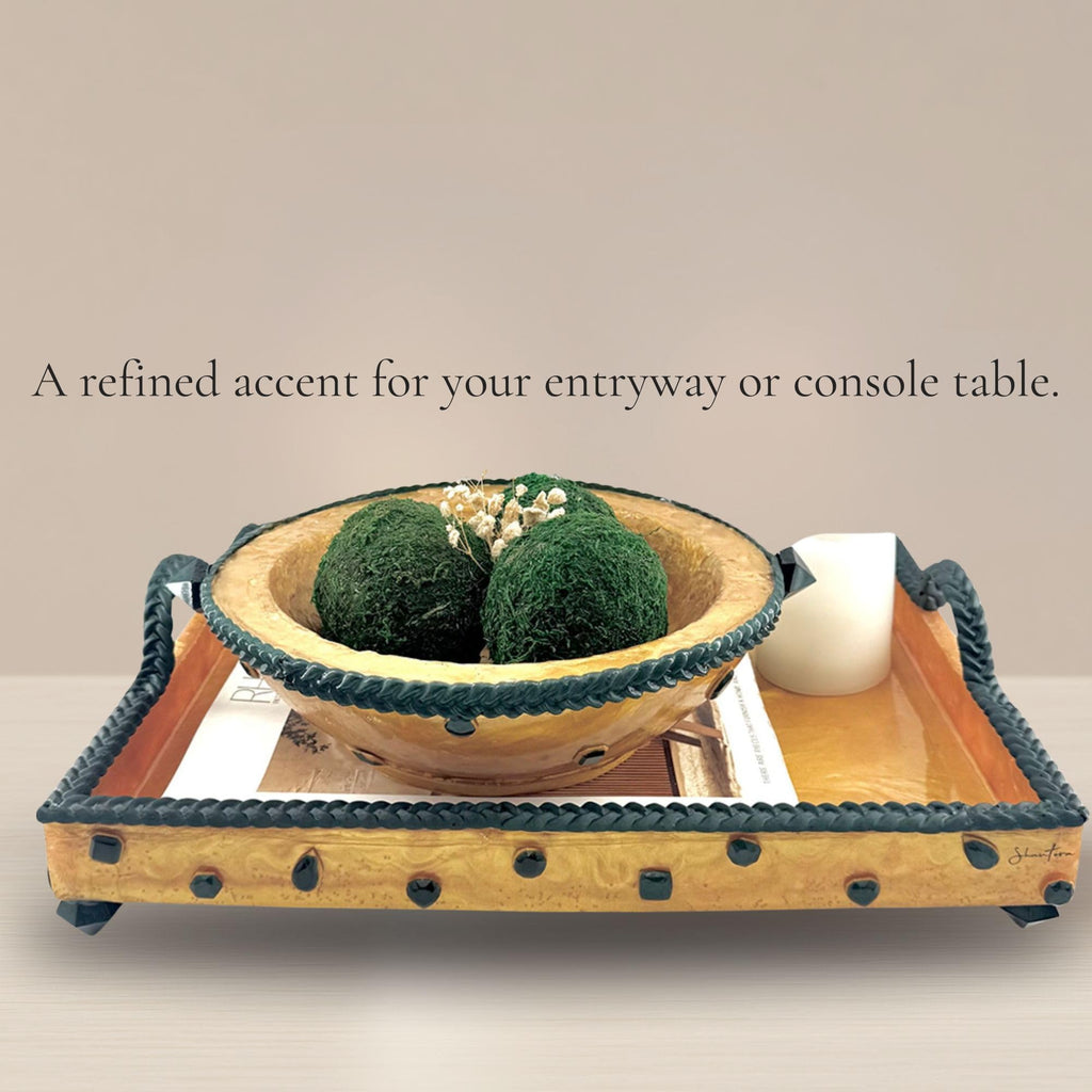 Serving Rectangular Tray with Stone Accents - Green with Gold Stone