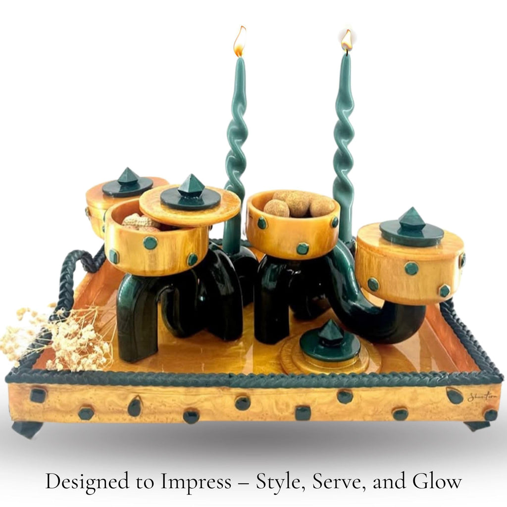 Pedestal Bowl & Candle Holder Combo with Stone Accents - Gold with Green Stone (Set of two)