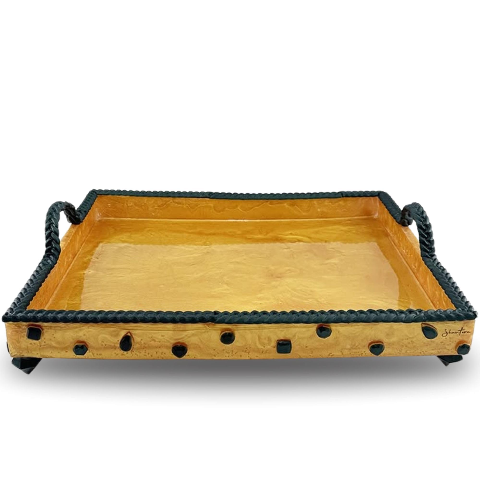 Serving Rectangular Tray with Stone Accents - Green with Gold Stone