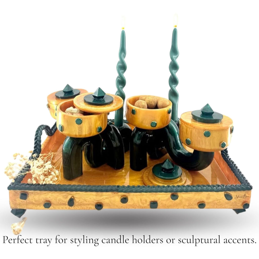 Serving Rectangular Tray with Stone Accents - Green with Gold Stone