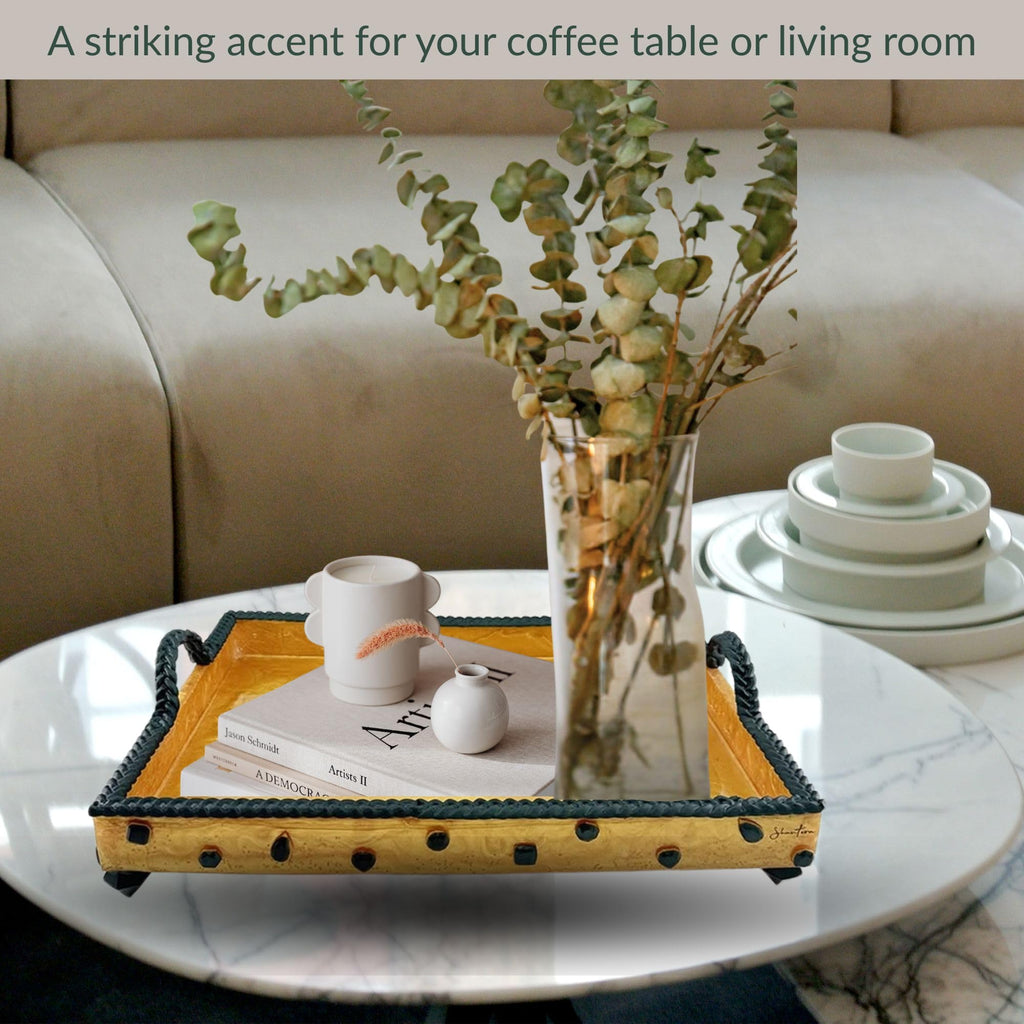 Serving Rectangular Tray with Stone Accents - Green with Gold Stone