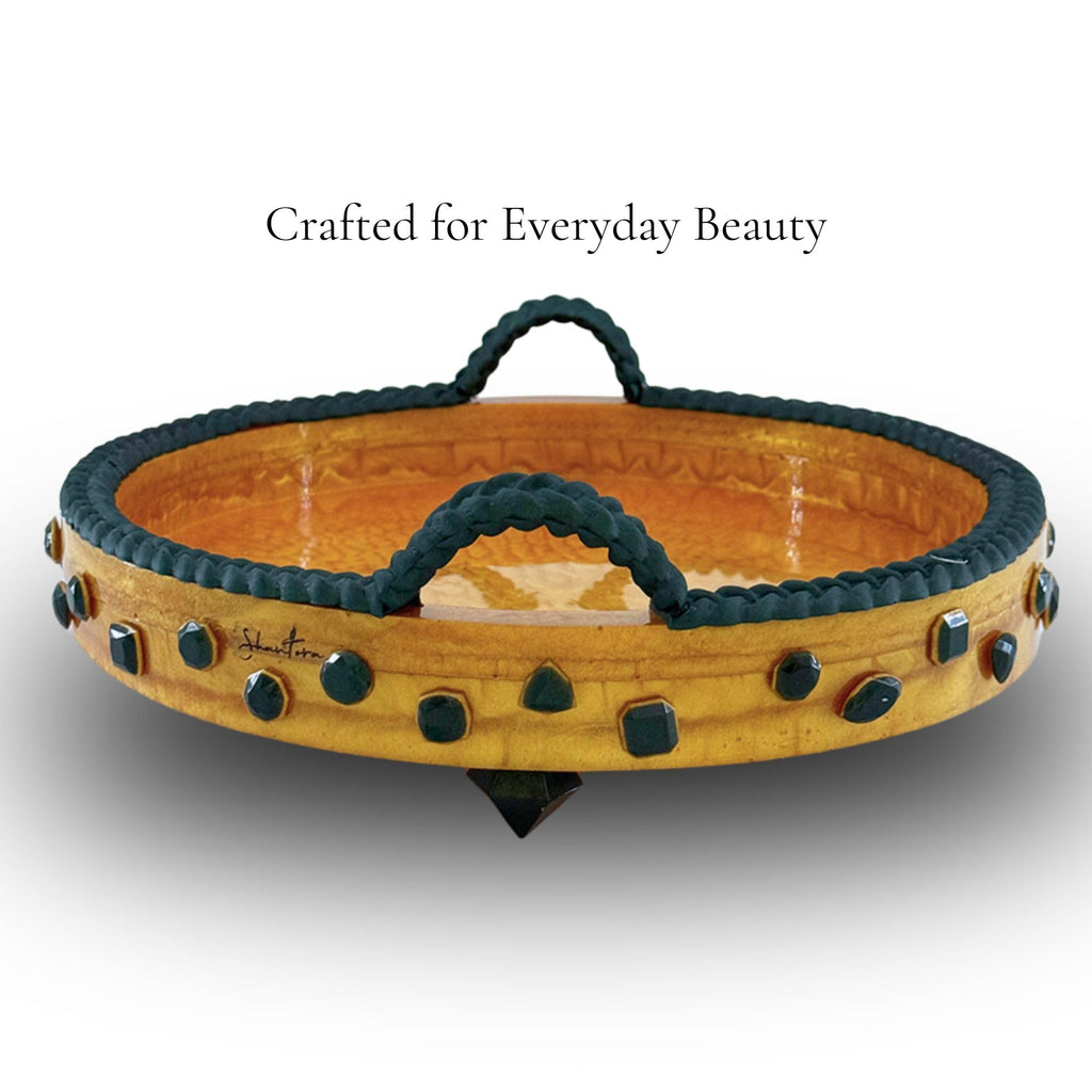 Shantora Round Serving Tray with Stone Accents - Gold with Green Stone