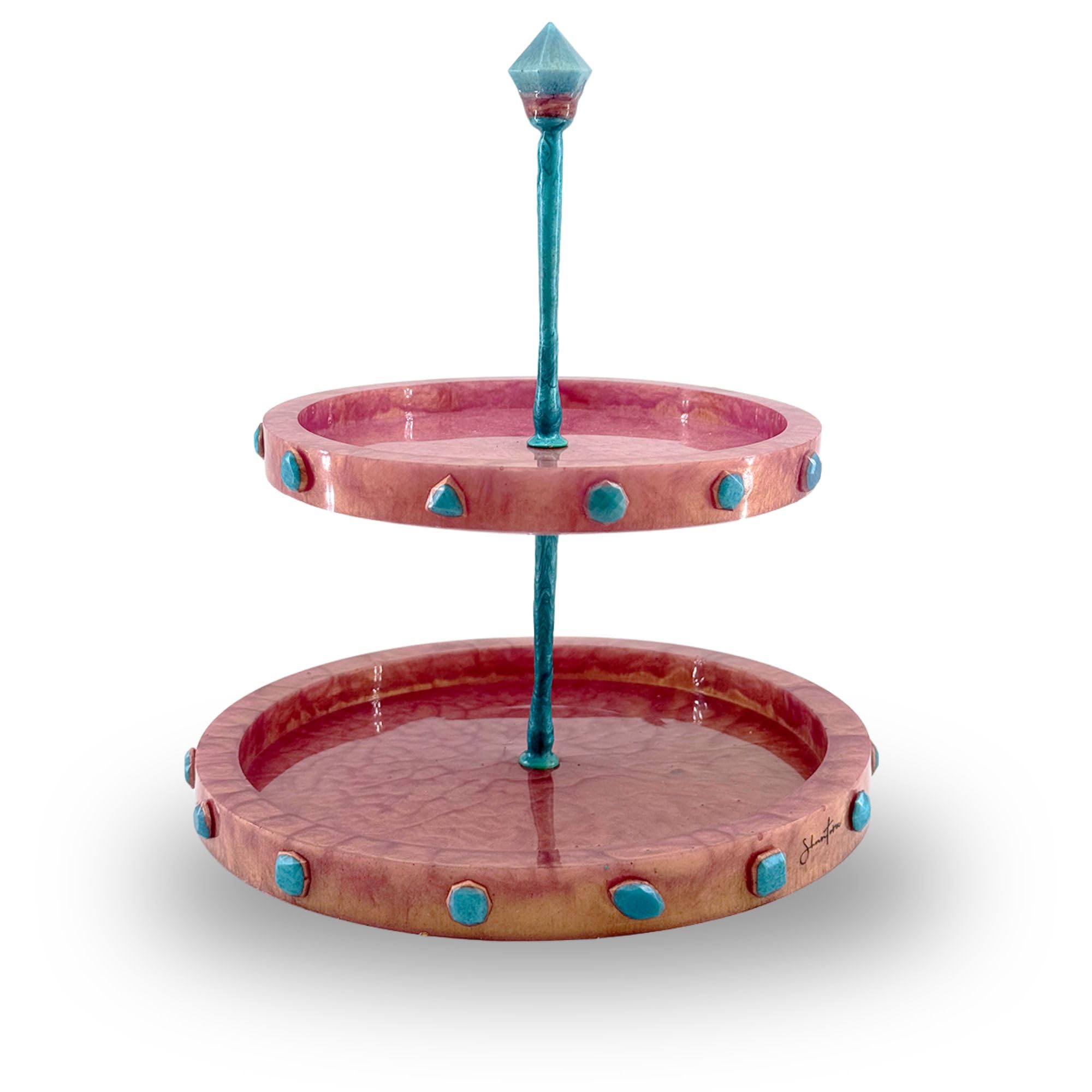 Two-Tiered Stand with Stone Accents - Rose Gold with Teal Stone