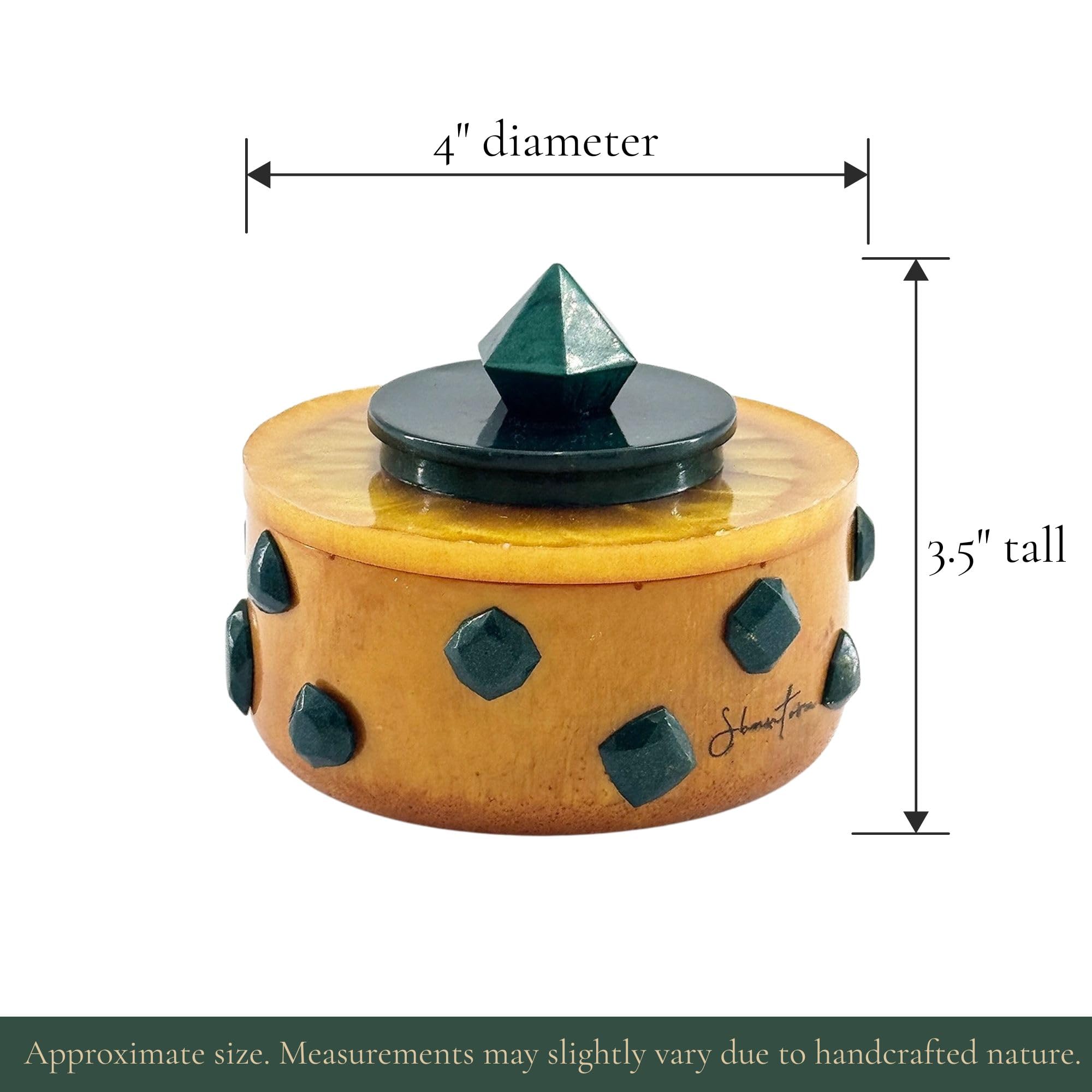 Short Lidded Candle Jar with Stone Accents - Gold with Green Stone