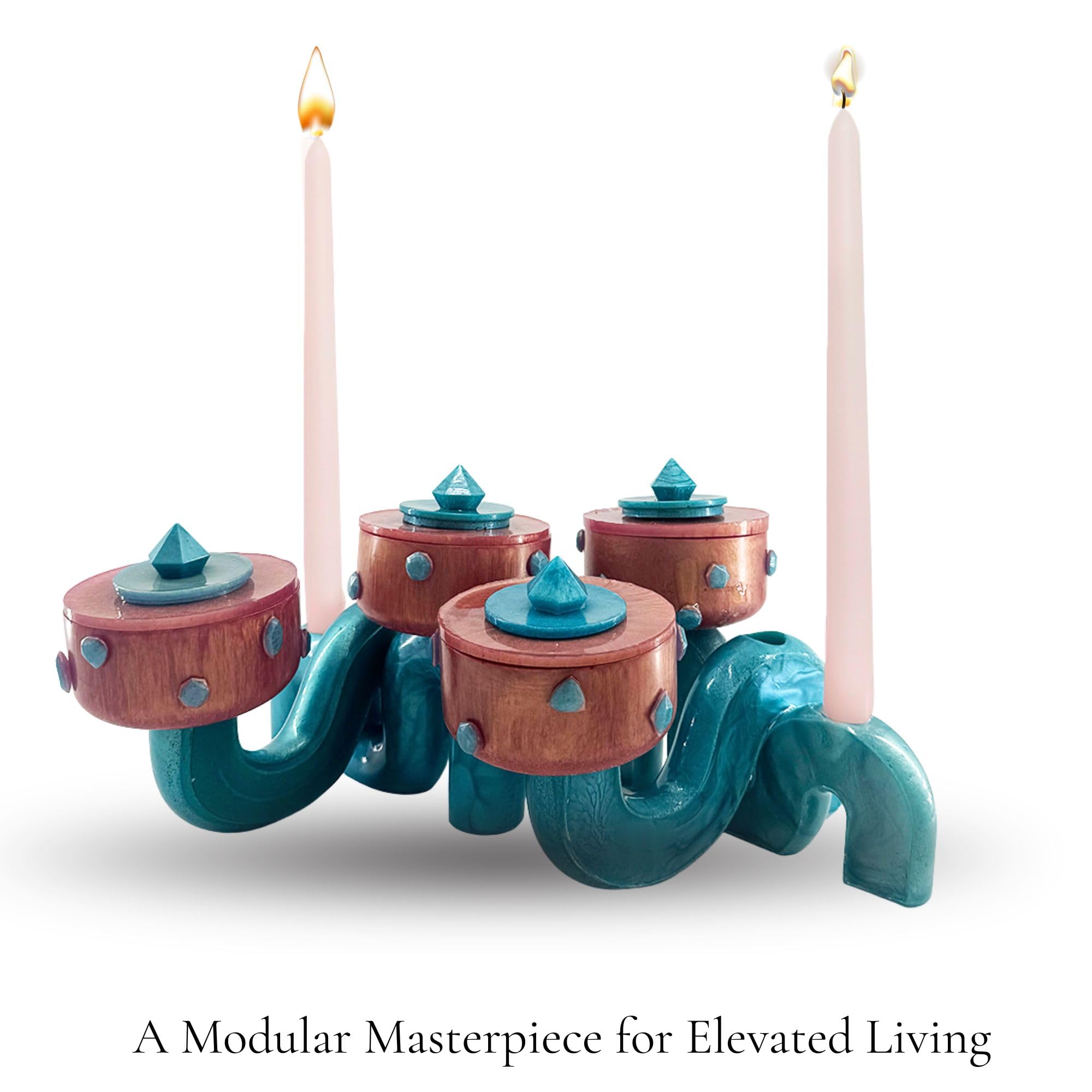 Pedestal Bowl & Candle Holder Combo with Stone Accents - Rose Gold with Teal Stone (Set of two)