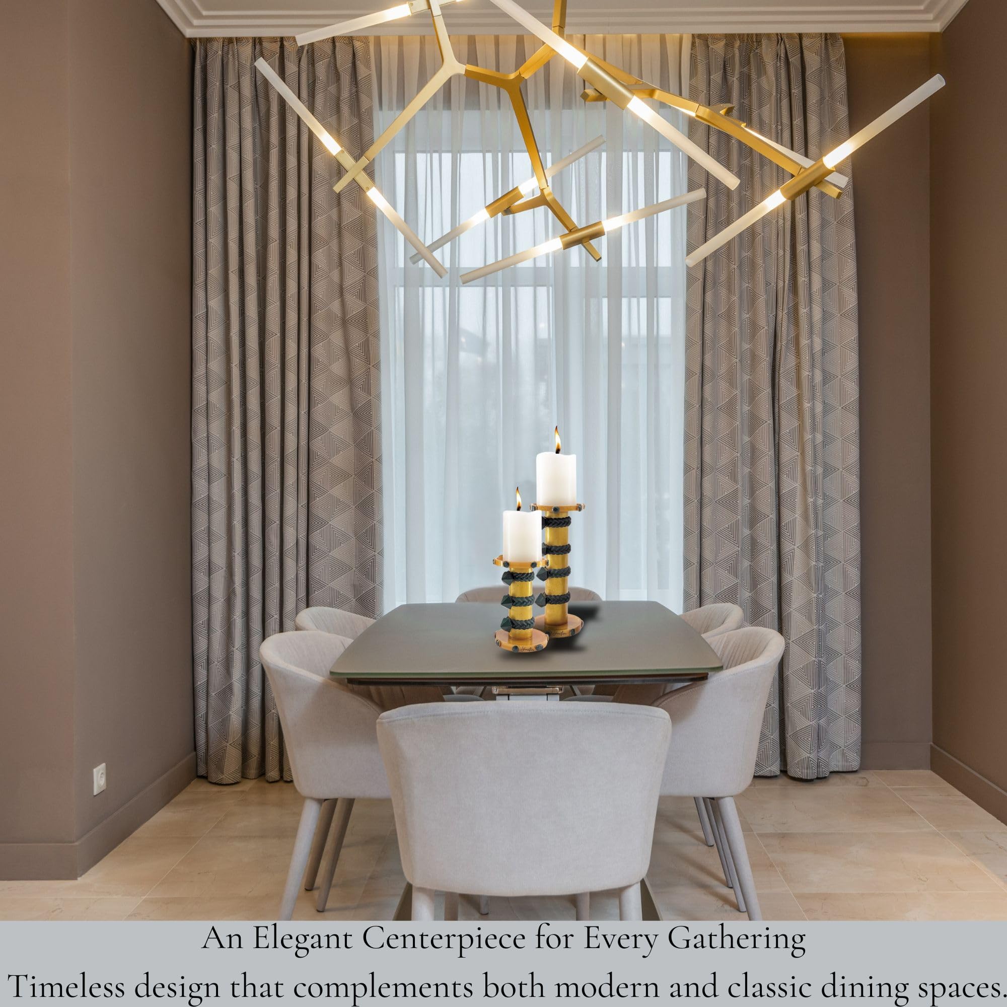 Pillar Candle Holder Set with Stone Accents - Gold with Green Stone